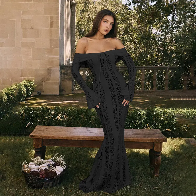 Caliste Black Off Shoulder Solid Lace Sexy Maxi Dress