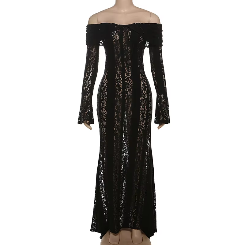 Caliste Black Off Shoulder Solid Lace Sexy Maxi Dress