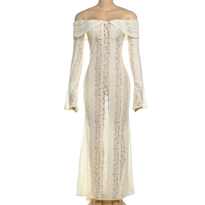 Caliste Cream Off Shoulder Solid Lace Sexy Maxi Dress
