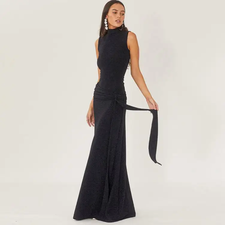 Engjell Black Glittery Round Neck Ruched Side Wide Shoulder Crew Maxi Dress