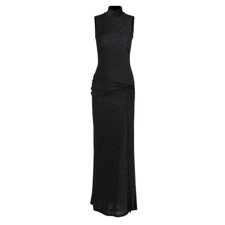 Engjell Black Glittery Round Neck Ruched Side Wide Shoulder Crew Maxi Dress