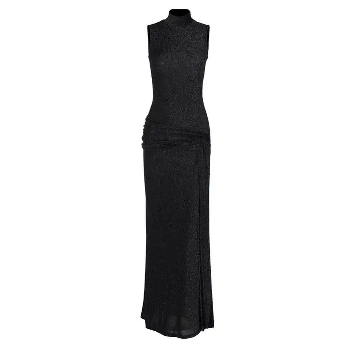 Engjell Black Glittery Round Neck Ruched Side Wide Shoulder Crew Maxi Dress