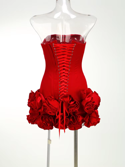 Orion Red Tube Bodycon Corset Back Flower Mini Dress