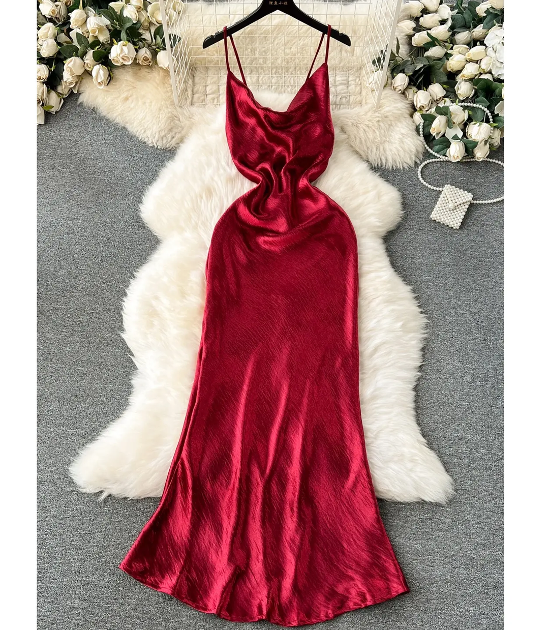 Seneca Mettalic Red Cowl Neck Hallow Back Midi Dress
