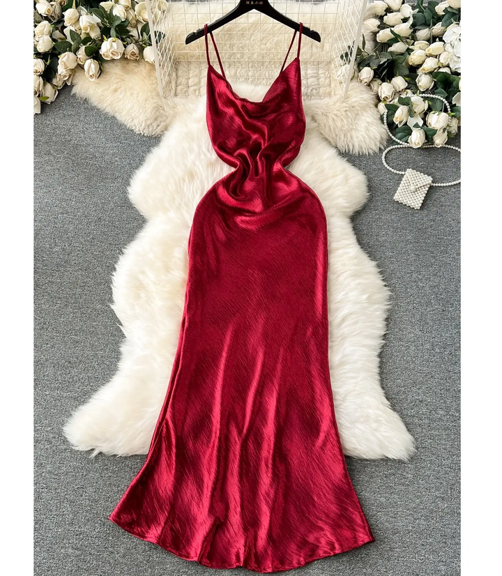 Seneca Mettalic Red Cowl Neck Hallow Back Midi Dress