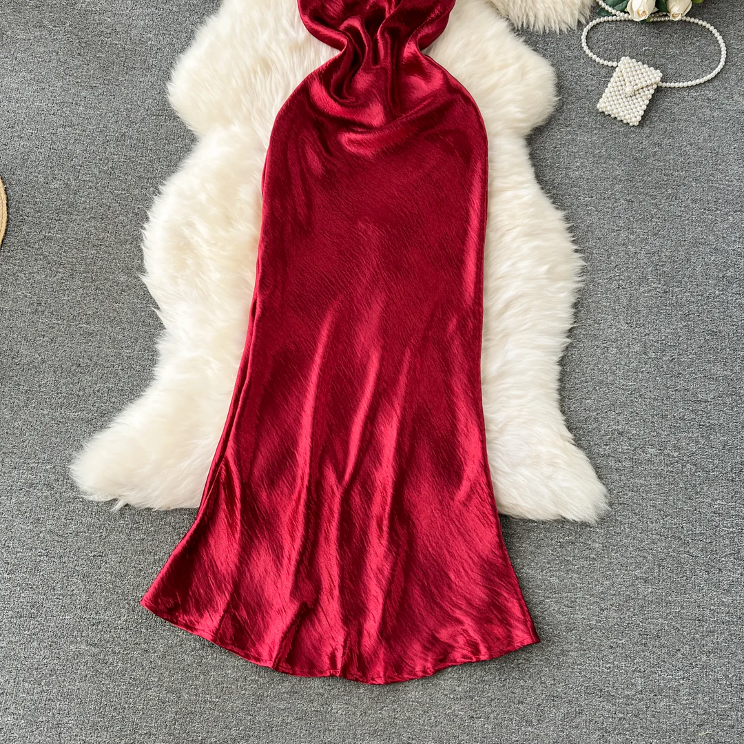 Seneca Mettalic Red Cowl Neck Hallow Back Midi Dress