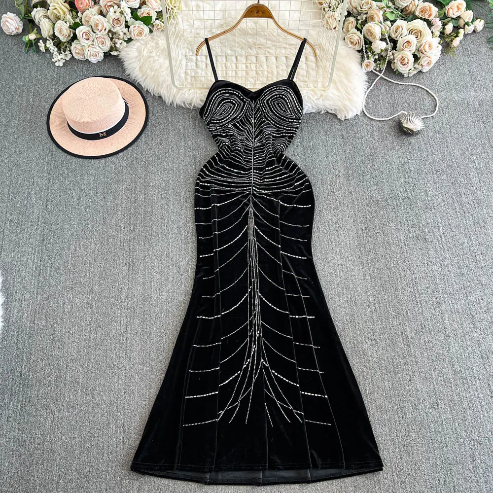 Tarquin Black Sleeveless Velvet Rhinestone Detail Maxi Dress