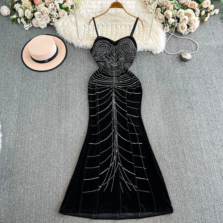 Tarquin Black Sleeveless Velvet Rhinestone Detail Maxi Dress