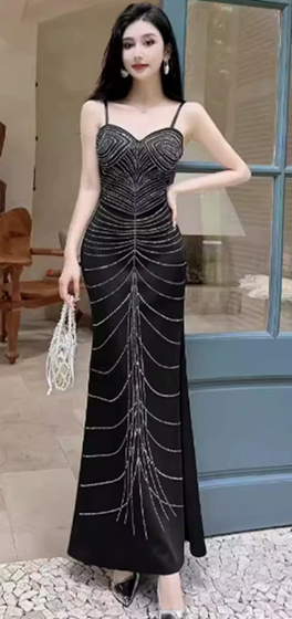 Tarquin Black Sleeveless Velvet Rhinestone Detail Maxi Dress