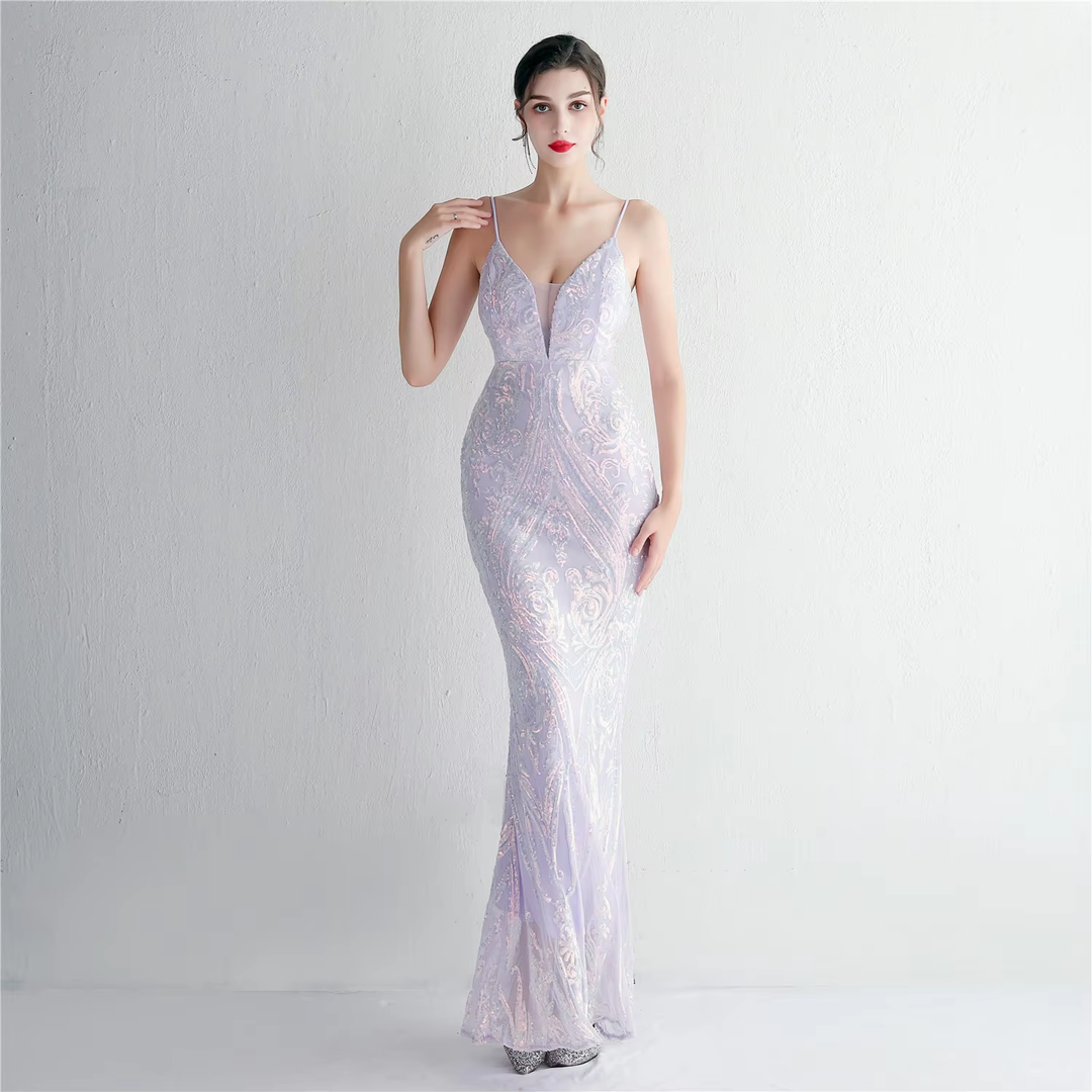 Zephyr Lilac V-Neck Stereo Bead Braces Mermaid Maxi Dress