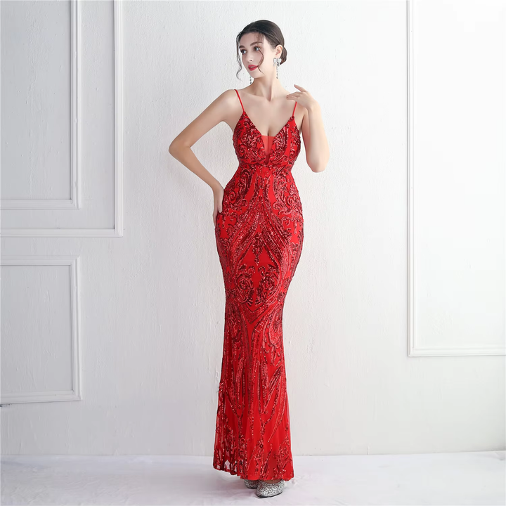 Zephyr Red V-Neck Stereo Bead Braces Mermaid Maxi Dress