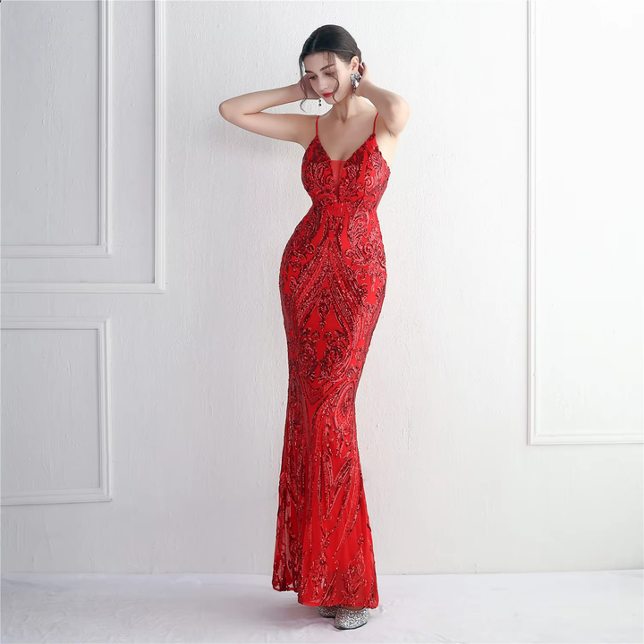 Zephyr Red V-Neck Stereo Bead Braces Mermaid Maxi Dress