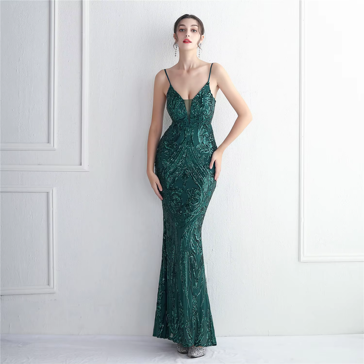 Zephyr Emerald Green V-Neck Stereo Bead Braces Mermaid Maxi Dress