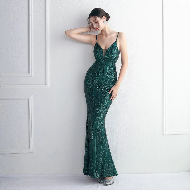 Zephyr Emerald Green V-Neck Stereo Bead Braces Mermaid Maxi Dress