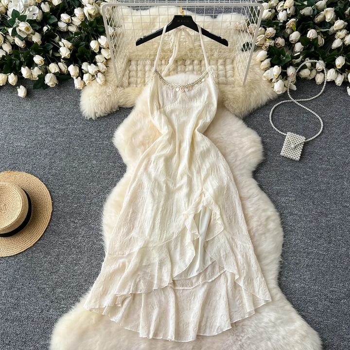 Aine Cream Halter Sleeveless Ruffled Tassel Lace Midi Dress