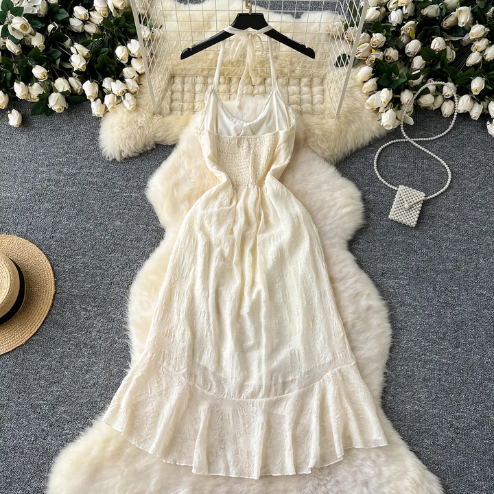Aine Cream Halter Sleeveless Ruffled Tassel Lace Midi Dress
