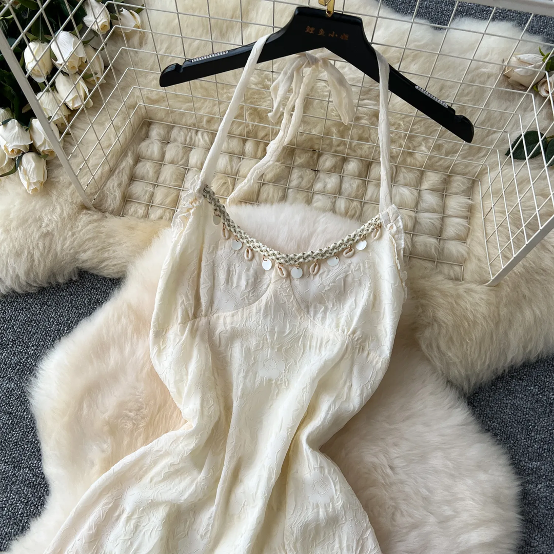 Aine Cream Halter Sleeveless Ruffled Tassel Lace Midi Dress