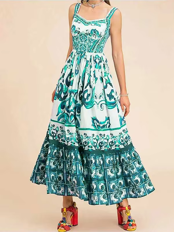 Boudicca Green Sleeveless Bohemian Print Midi Dress