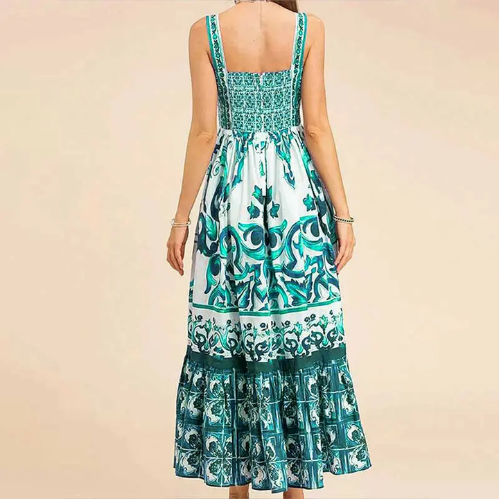 Boudicca Green Sleeveless Bohemian Print Midi Dress