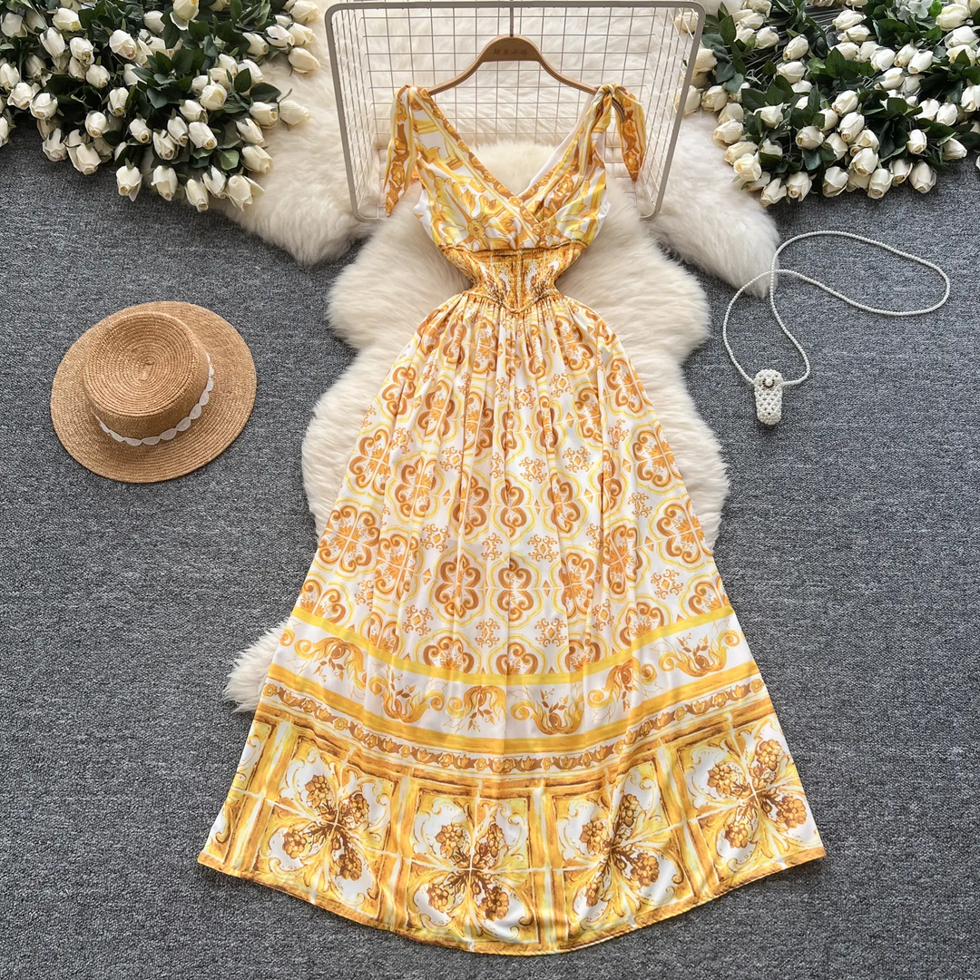 Candida Yellow V-Neck Self-Tie Bohemian Print Midi Dress