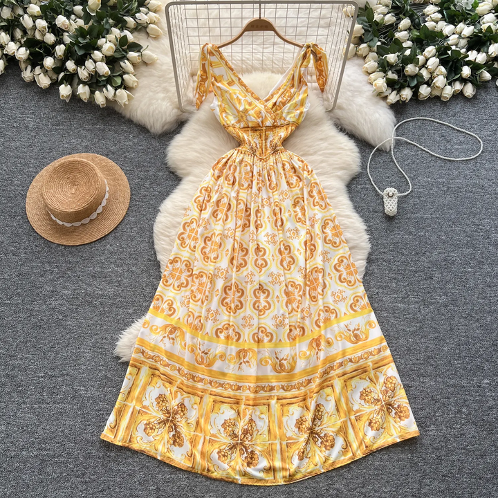 Candida Yellow V-Neck Self-Tie Bohemian Print Midi Dress