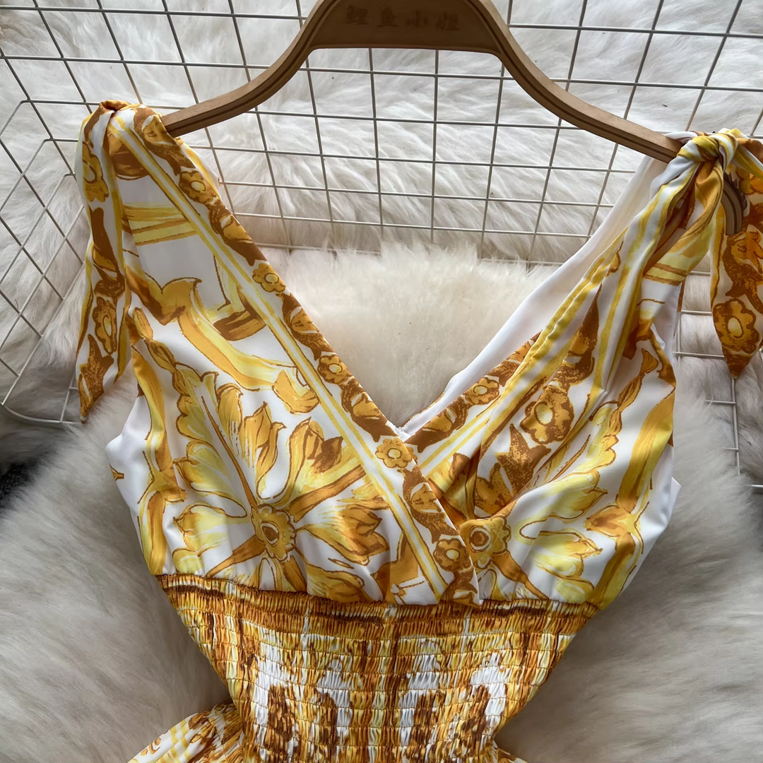 Candida Yellow V-Neck Self-Tie Bohemian Print Midi Dress