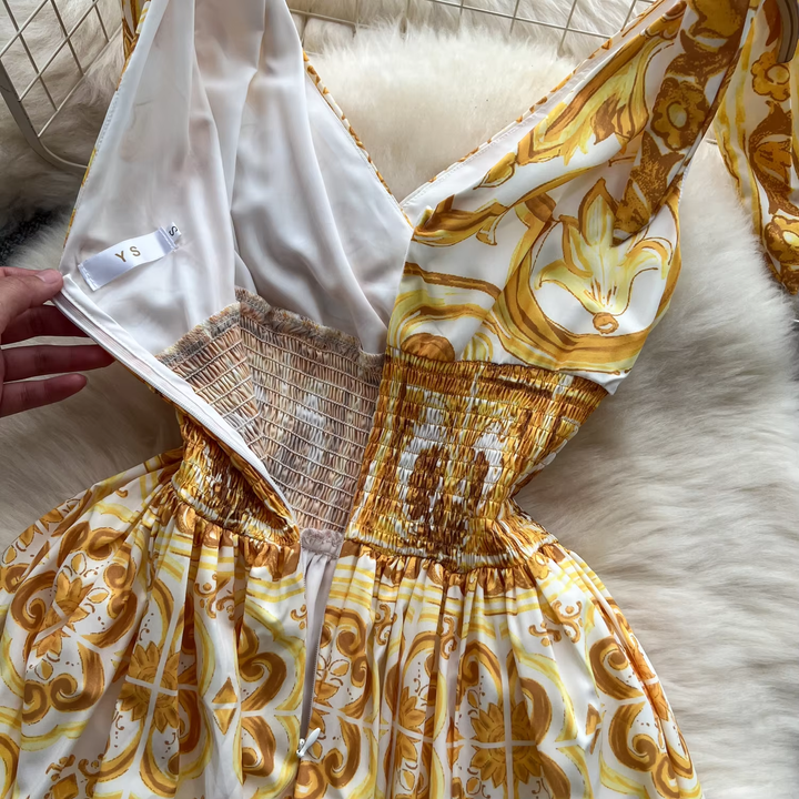 Candida Yellow V-Neck Self-Tie Bohemian Print Midi Dress