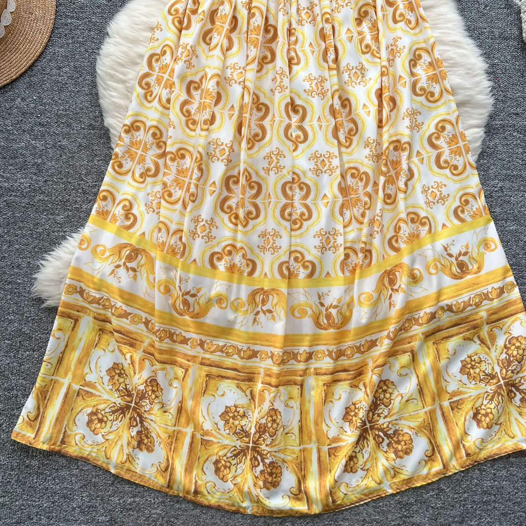 Candida Yellow V-Neck Self-Tie Bohemian Print Midi Dress