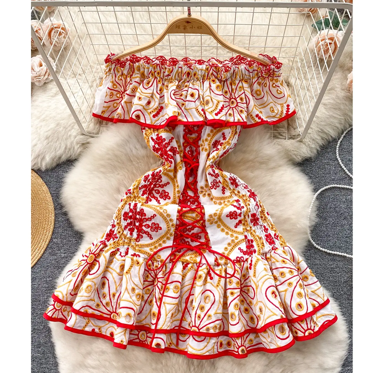 Chrysanthe Red Off Shoulder Ruffle Embroidered Mini Dress