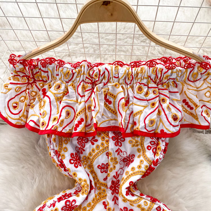 Chrysanthe Red Off Shoulder Ruffle Embroidered Mini Dress