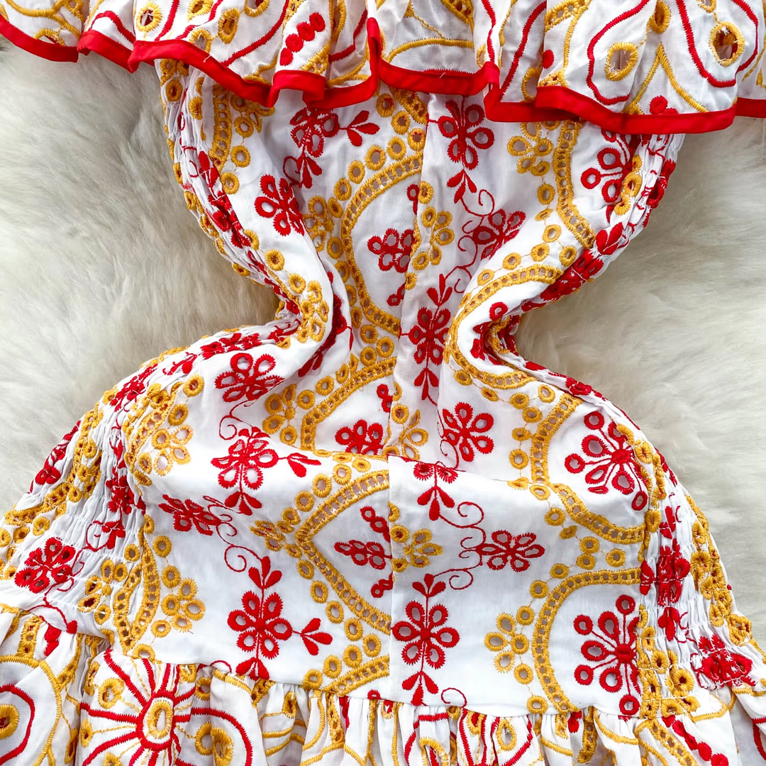 Chrysanthe Red Off Shoulder Ruffle Embroidered Mini Dress