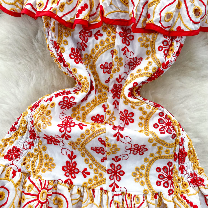 Chrysanthe Red Off Shoulder Ruffle Embroidered Mini Dress