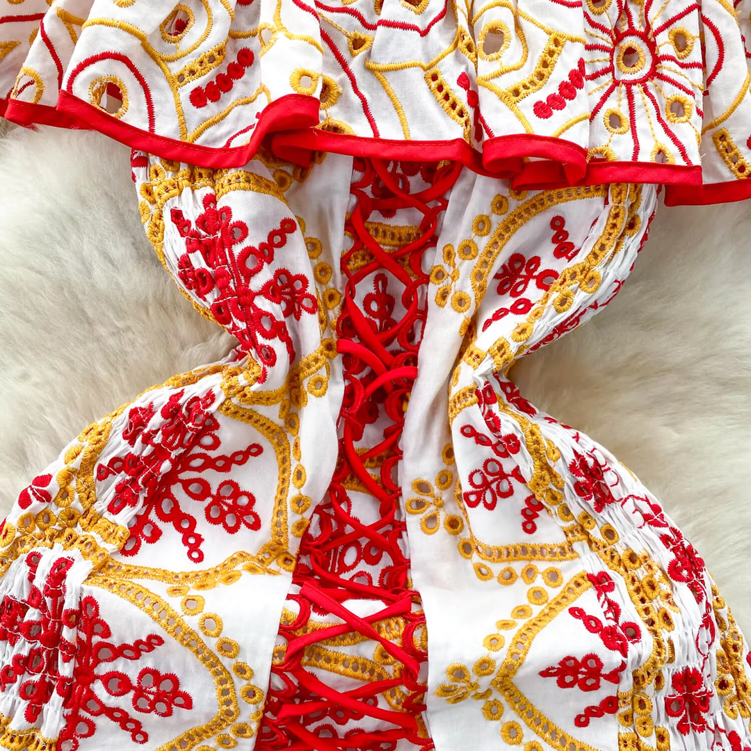 Chrysanthe Red Off Shoulder Ruffle Embroidered Mini Dress