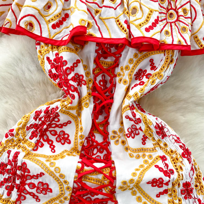 Chrysanthe Red Off Shoulder Ruffle Embroidered Mini Dress