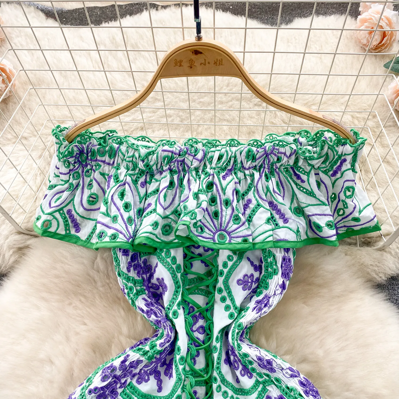 Chrysanthe Green Off Shoulder Ruffle Embroidered Mini Dress
