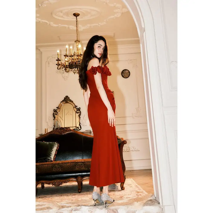Flavia Red Off Shoulder Ruched Side Slit Rose Detail Midi Dress