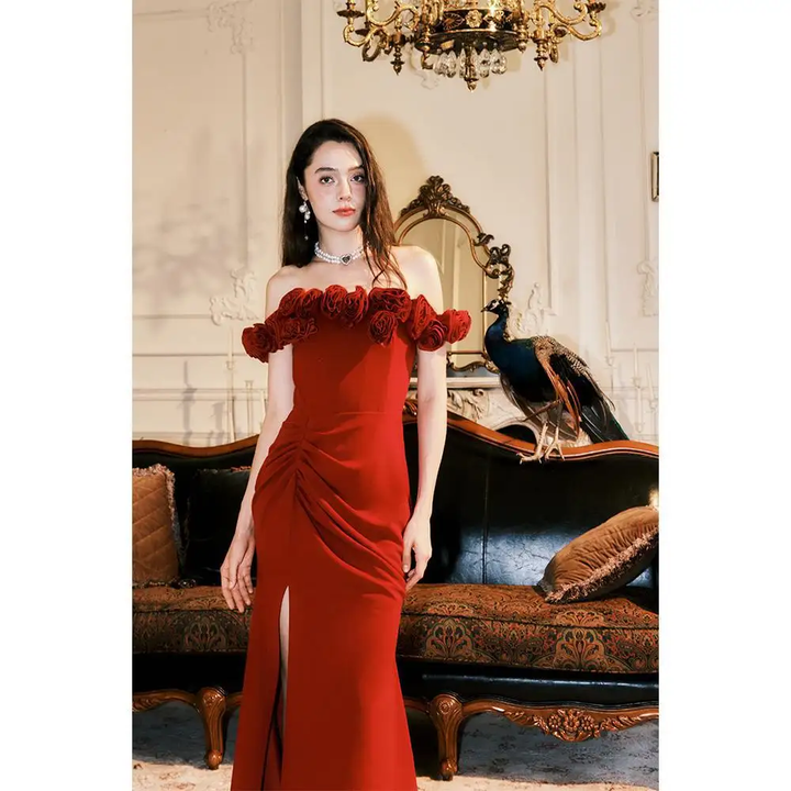 Flavia Red Off Shoulder Ruched Side Slit Rose Detail Midi Dress