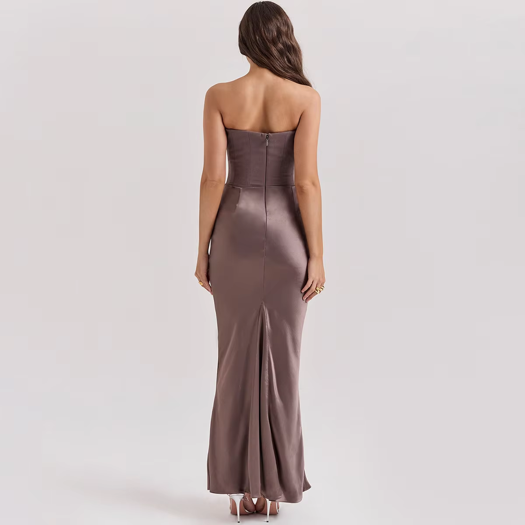 Rhiannon Chestnut Brown Tube Satin Ruched Waist Maxi Dress
