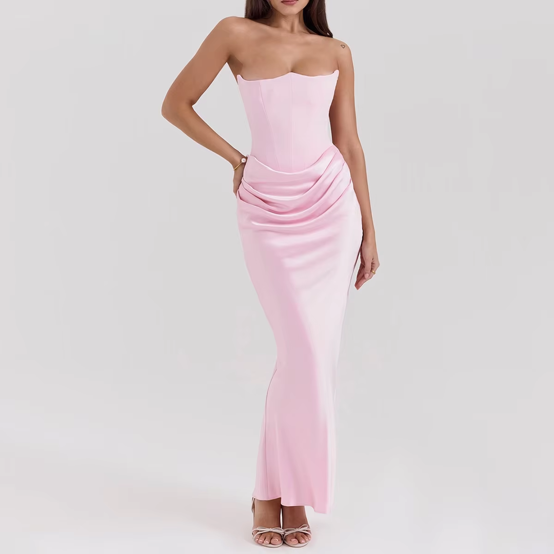 Rhiannon Pastel Pink Tube Satin Ruched Waist Maxi Dress