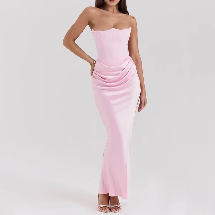 Rhiannon Pastel Pink Tube Satin Ruched Waist Maxi Dress