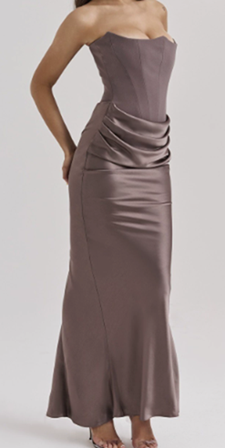 Rhiannon Chestnut Brown Tube Satin Ruched Waist Maxi Dress