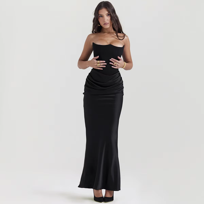 Rhiannon Black Tube Satin Ruched Waist Maxi Dress