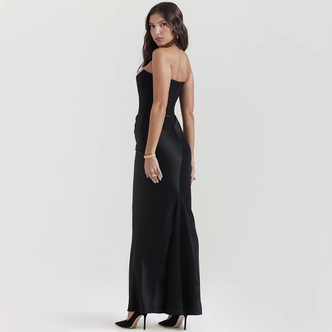 Rhiannon Black Tube Satin Ruched Waist Maxi Dress