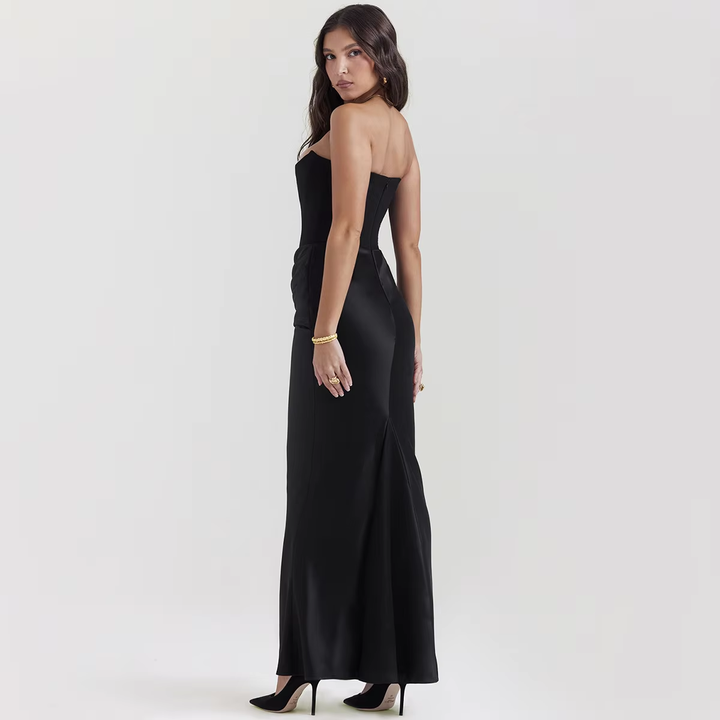Rhiannon Black Tube Satin Ruched Waist Maxi Dress
