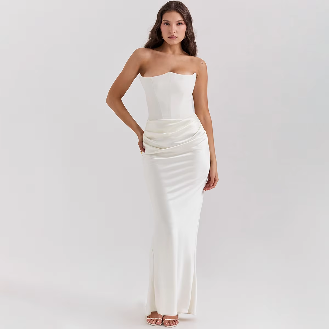 Rhiannon White Tube Satin Ruched Waist Maxi Dress