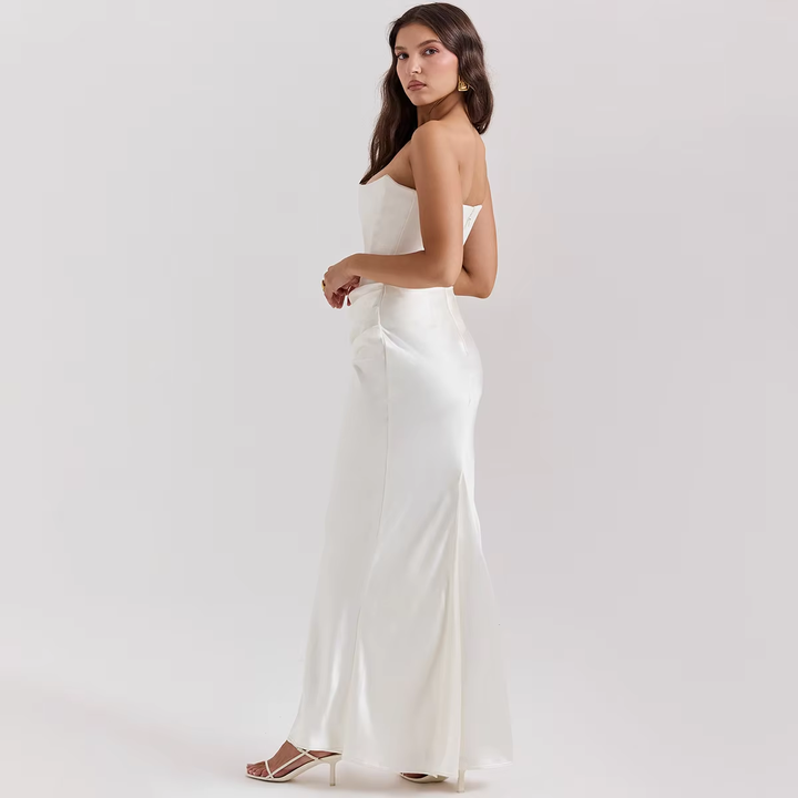 Rhiannon White Tube Satin Ruched Waist Maxi Dress