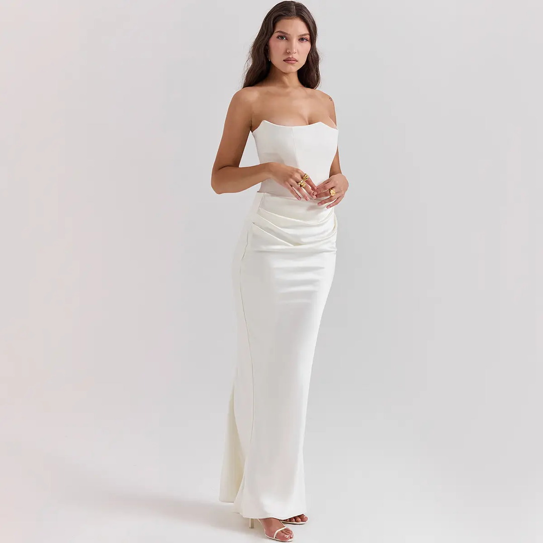 Rhiannon White Tube Satin Ruched Waist Maxi Dress