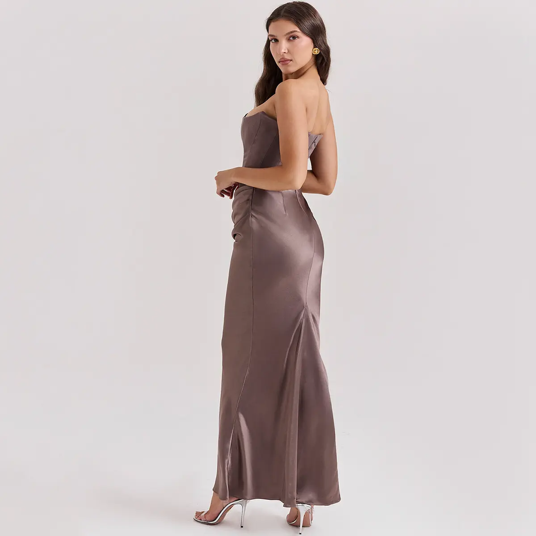 Rhiannon Chestnut Brown Tube Satin Ruched Waist Maxi Dress