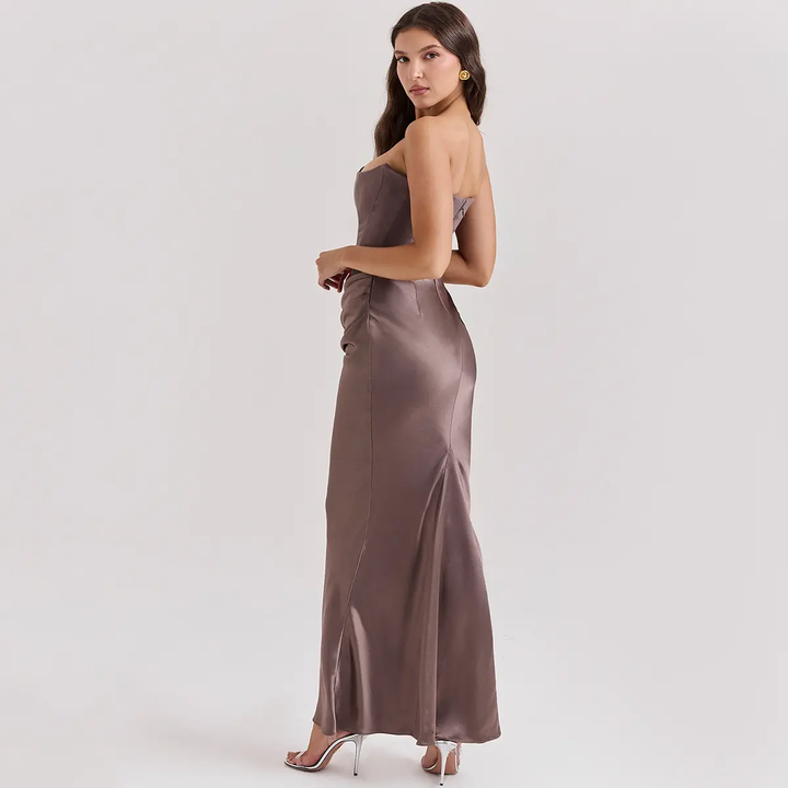 Rhiannon Chestnut Brown Tube Satin Ruched Waist Maxi Dress
