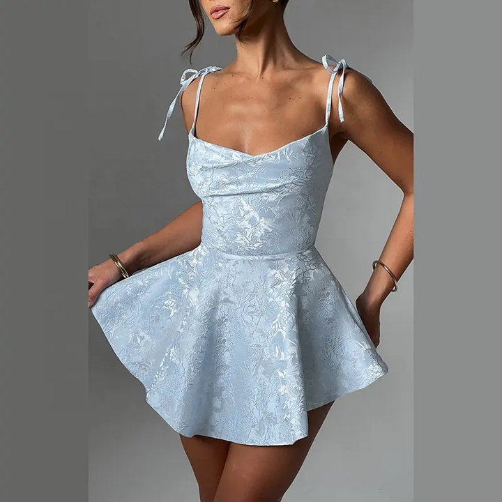 Serenity Blue Self-Tie Jacquard Mini Dress